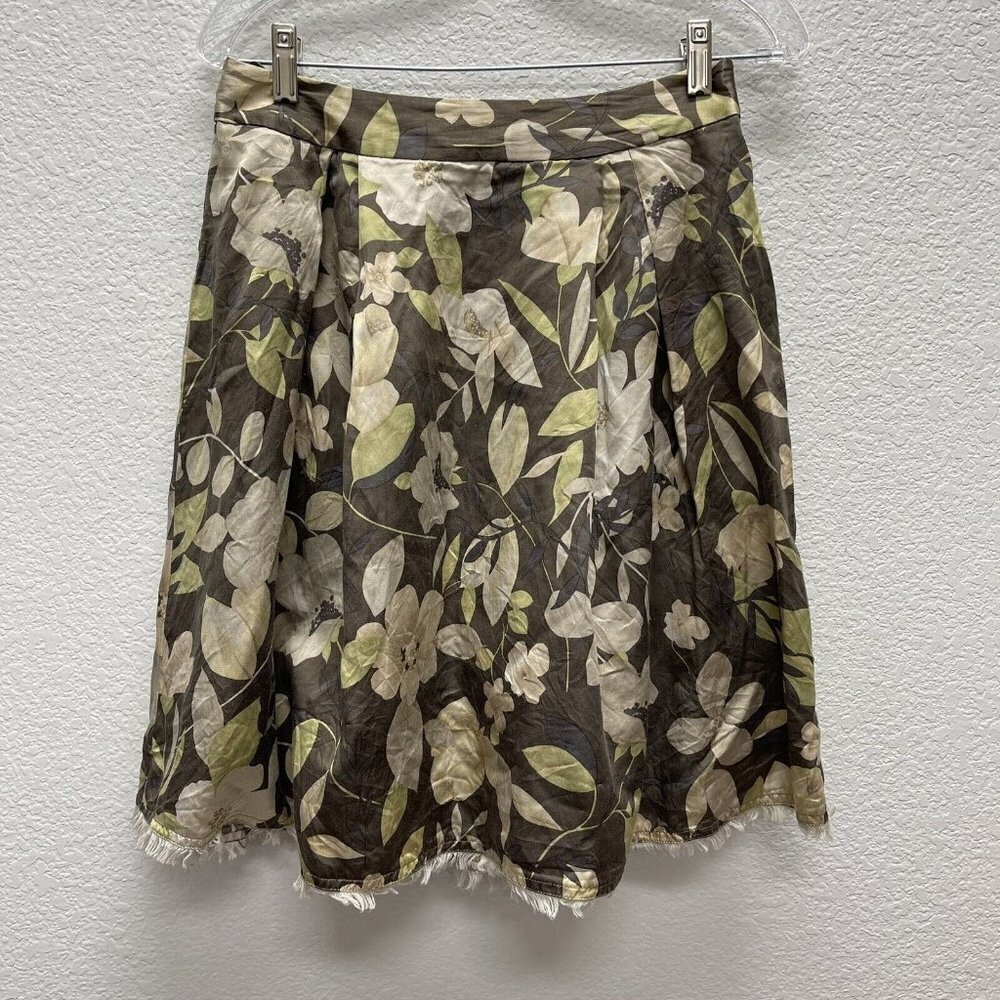 Banana Republic Womens Size 0 Skirt Floral Green Brown Silk Blend Raw Hem